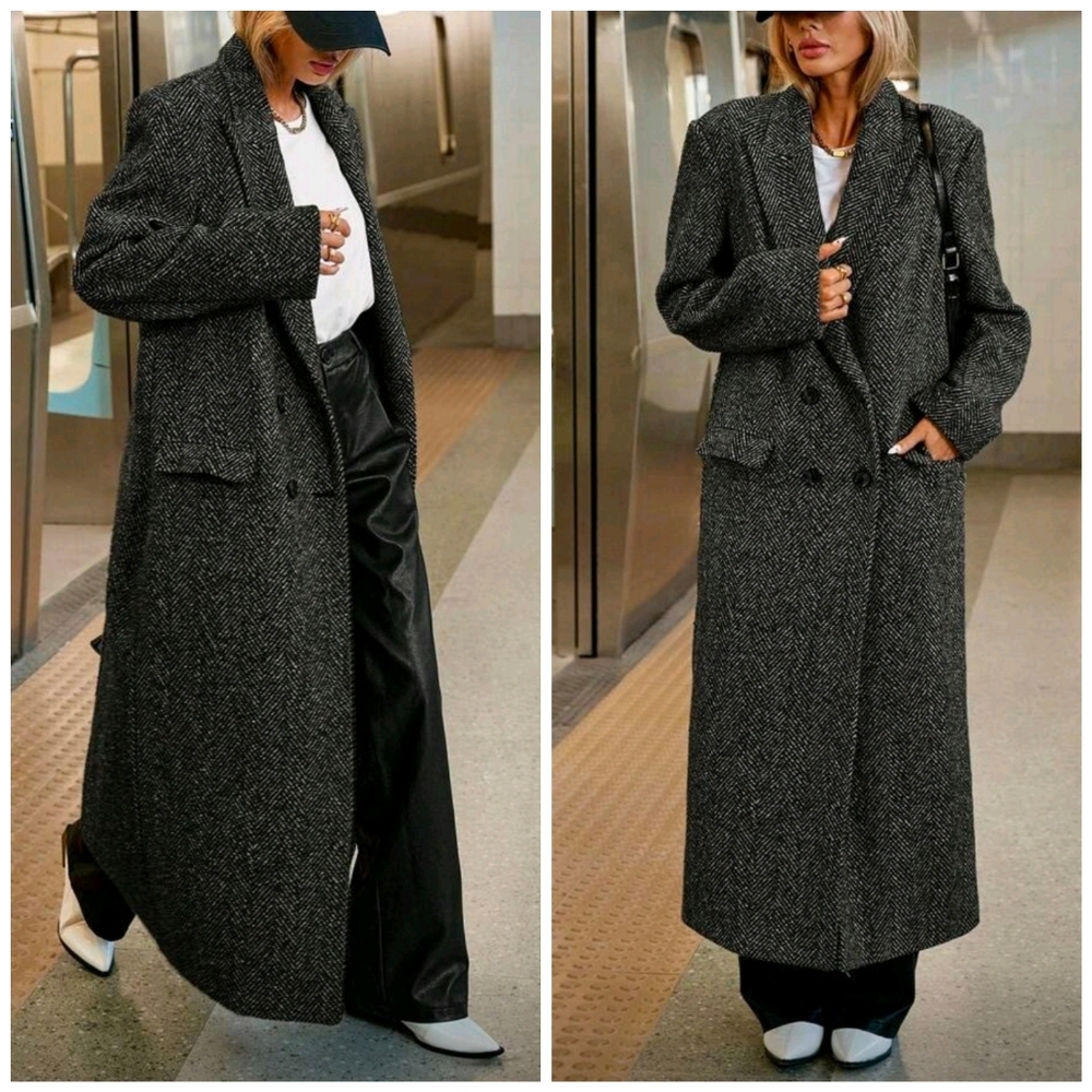 New Chic Oversized Herringbone Tweed Long Maxi Jacket Coat Black White
